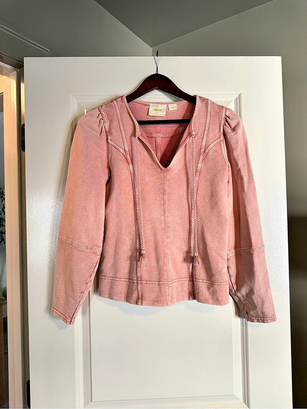 Maeve by Anthropologie Pink Puff Sleeve Tassel Sweatshirt Top Pink Puff Sleeve